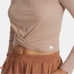 Twist Front Ribbed Long-Sleeve Top in Blush -